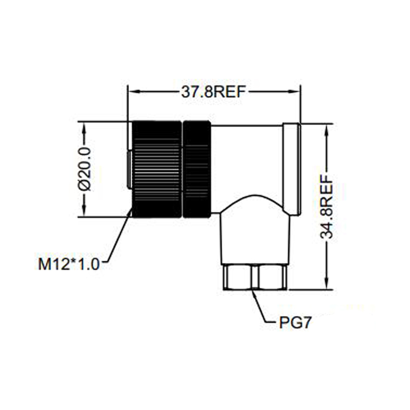 M12 4pins A code female right angle plastic assembly connector PG7 thread, unshielded,suitable cable outer diameter 4.0mm-6.0mm